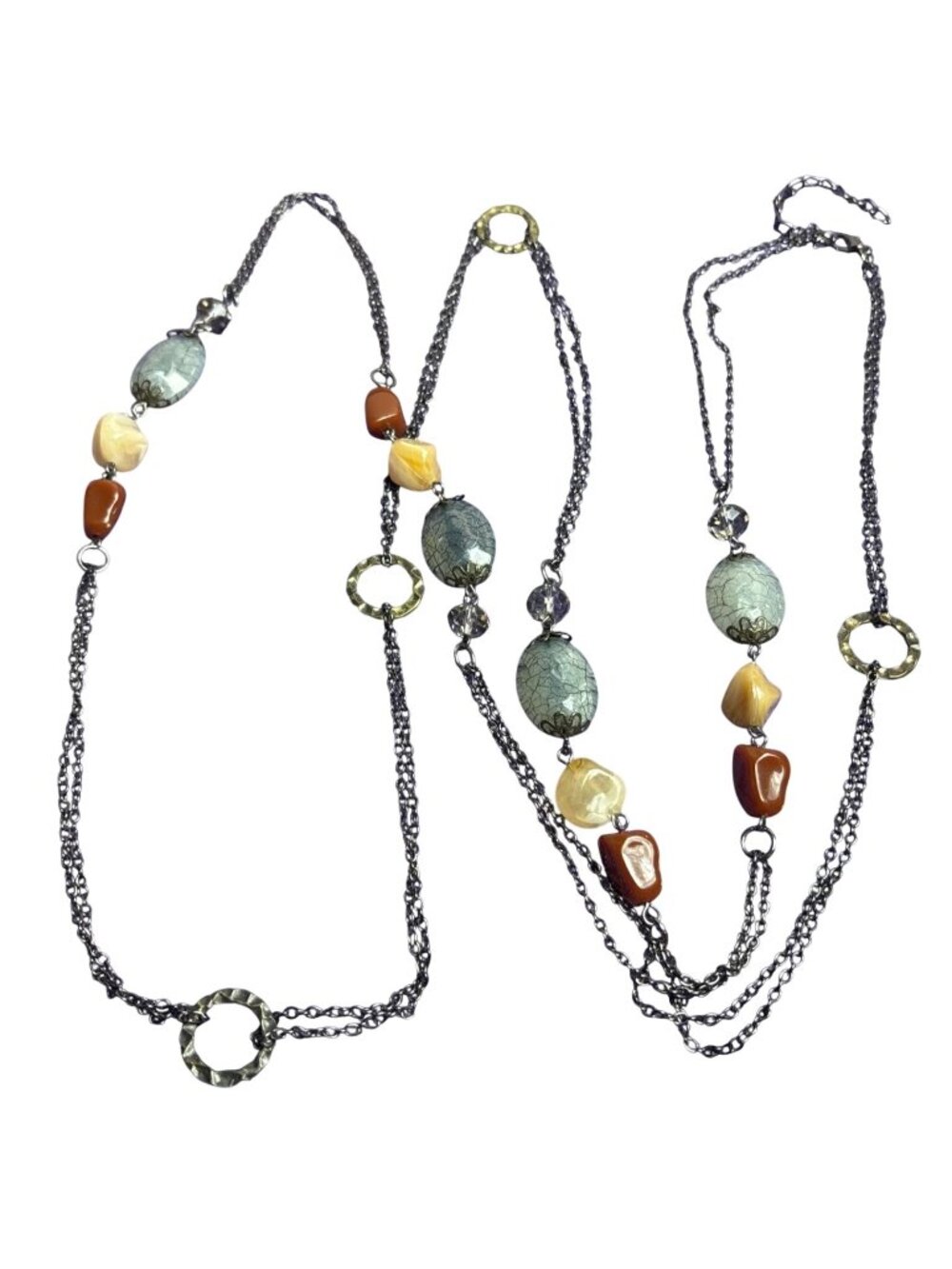 Gunmetal Double Chain Necklace Hammered Circles Multicolor Plastic Beads